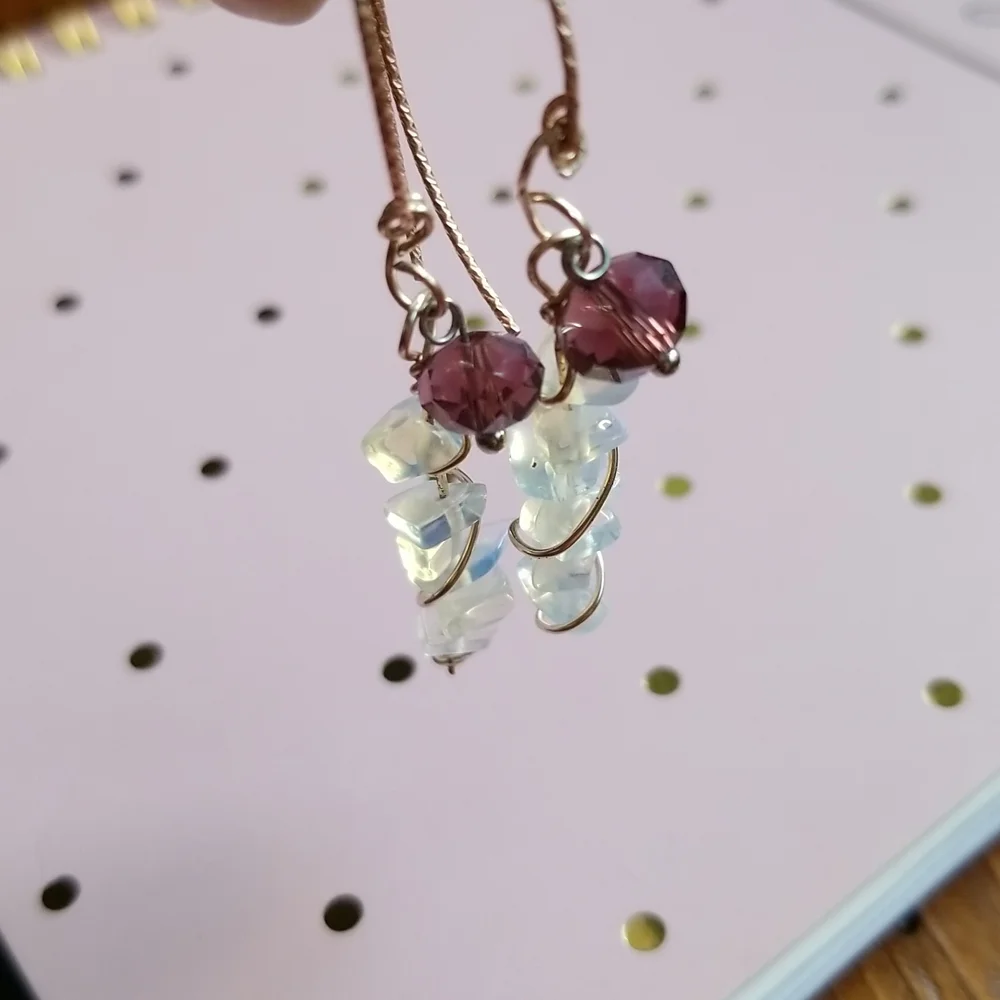 Handmade Earrings - Moonstone Chips & Dark Lilac Crystal Rondelle - EUC - Picture 5 of 7